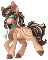 Size: 1768x2228 | Tagged: safe, artist:trashpanda czar, derpibooru import, oc, oc only, oc:cinnamon bun, earth pony, bowtie, chest fluff, coat markings, ear piercing, earth pony oc, eyebrows, eyebrows visible through hair, eyelashes, female, hair bun, looking at you, mare, piercing, procreate app, signature, simple background, smiling, transparent background, two toned mane