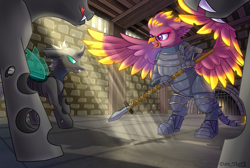 Size: 3031x2042 | Tagged: safe, artist:adagiostring, artist:yuris, derpibooru import, oc, oc:rosa the ardent, changeling, griffon, armor, armored gryphon, armored tail, beak, boards, chainmail, commission, dungeon, ears back, female, grate, halberd, indoors, knight, open mouth, pink fur, plate armor, polearm, sewer, stone, stone wall, sunlight, surrounded, talons, wall, weapon, wings