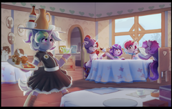 Size: 2300x1454 | Tagged: safe, artist:justgaduh, derpibooru import, oc, oc only, earth pony, pony, unicorn, antlers, balancing, bipedal, cafe, choker, clothes, commission, cup, female, food, glasses, horn, indoors, maid, mare, muffin, serving tray, tea, teacup, teapot