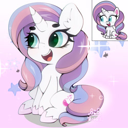 Size: 3000x3000 | Tagged: safe, artist:zokkili, derpibooru import, potion nova, pony, unicorn, g4, g4.5, my little pony: pony life, ear fluff, ears, female, horn, mare, open mouth, open smile, reference used, sitting, smiling, solo, sparkles, unshorn fetlocks