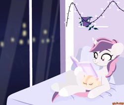 Size: 1280x1083 | Tagged: safe, artist:xd.klaus, derpibooru import, oc, oc only, oc:sweetieck dreams, cat, pony, unicorn, g4, bed, book, butt, city, colored hooves, cute, eyelashes, female, filly, foal, hooves, horn, indoors, night, not sweetie belle, orange eyes, solo, tail, two toned mane, two toned tail, unicorn horn, window