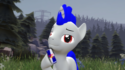 Size: 1920x1080 | Tagged: safe, artist:bronydj, derpibooru import, oc, oc only, oc:enigan, pony, unicorn, 3d, drink, electric pole, energy drink, forest, grass, horn, nature, outdoors, red bull, solo, tree