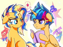 Size: 828x621 | Tagged: safe, artist:paracetamolnavo30, derpibooru import, oc, oc only, alicorn, pony, unicorn, duo, female, half-siblings, horn, interdimensional siblings, male, mare, offspring, parent:flash sentry, parent:sunset shimmer, parent:twilight sparkle, parents:flashimmer, parents:flashlight, stallion