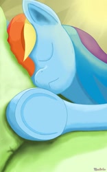 Size: 800x1280 | Tagged: safe, artist:maslivka, derpibooru import, rainbow dash, pony, g4, bust, eyes closed, lying down, on side, portrait, sleeping, solo, underhoof