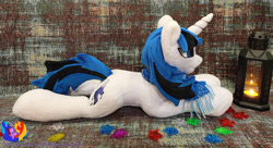 Size: 4624x2523 | Tagged: safe, artist:1stastrastudio, derpibooru import, oc, oc only, oc:black moon, pony, unicorn, horn, irl, lantern, lying down, photo, plushie, prone, solo