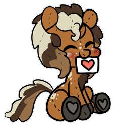 Size: 1500x1500 | Tagged: safe, artist:anykoe, derpibooru import, oc, oc:macchiato, earth pony, blushing, brown skin, commission, cute, earth pony oc, eyes closed, heart, male, plushie, sign, simple background, sitting, solo, transparent background, ych result, your character here