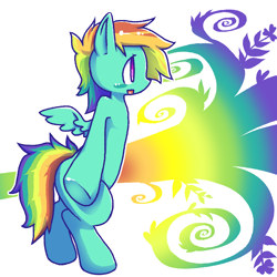 Size: 1080x1080 | Tagged: safe, artist:girlbossjaspro, derpibooru import, rainbow dash, pegasus, pony, g4, 2024, abstract background, bipedal, looking offscreen, smiling, solo