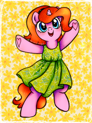 Size: 2250x3000 | Tagged: safe, artist:dariarchangel, derpibooru import, oc, oc only, oc:dazha, pony, unicorn, :d, abstract background, adorable face, bipedal, blue eyes, clothes, crossover, cute, cute face, cute smile, daaaaaaaaaaaw, dress, female, female oc, flower, green dress, hairband, happy, hoof heart, hooves up, horn, inside out, joy (inside out), long tail, looking at you, mare, mare oc, ocbetes, open mouth, open smile, orange hair, orange mane, orange tail, passepartout, patterned background, pink coat, pony oc, raised hoof, raised leg, small horn, smiling, solo, standing, standing on one leg, tail, traditional art, underhoof, unicorn oc, weapons-grade cute