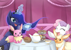 Size: 1400x990 | Tagged: safe, artist:jinzhan, derpibooru import, princess luna, sweetie belle, alicorn, pony, unicorn, g4, cookie, cup, cupcake, cute, drink, eevee, flareon, food, happy, magic, plate, plushie, pokémon, smiling, tea, tea party, teacup, teapot, telekinesis