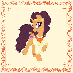 Size: 2048x2048 | Tagged: safe, artist:pfeffaroo, derpibooru import, saffron masala, pony, unicorn, g4, spice up your life, clothes, ear piercing, earring, female, frame, head turn, high res, horn, jewelry, looking at you, mare, my little pony: friendship is magic, open mouth, open smile, piercing, raised hoof, raised leg, smiling, smiling at you, solo, standing