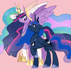 Size: 2048x2048 | Tagged: safe, artist:pfeffaroo, derpibooru import, part of a set, princess celestia, princess luna, princess twilight 2.0, twilight sparkle, twilight sparkle (alicorn), alicorn, pony, g4, the last problem, age progression, concave belly, ears, exasperated face, female, floppy ears, flowing mane, folded wings, frustrated, height difference, high res, hoof shoes, jewelry, line-up, long legs, looking at each other, looking at someone, looking down, looking up, mare, my little pony: friendship is magic, older, older twilight, older twilight sparkle (alicorn), open mouth, peytral, pink background, princess shoes, profile, raised hoof, raised leg, regalia, royal sisters, short, siblings, simple background, sisters, size difference, slender, smiling, spread wings, standing, tall, teary eyes, thin, trio, trio female, unfair, wings