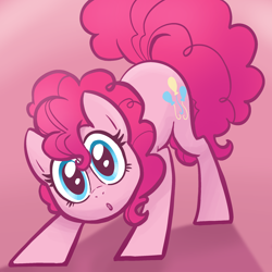 Size: 2048x2048 | Tagged: safe, artist:pfeffaroo, derpibooru import, pinkie pie, earth pony, pony, g4, :o, ass up, curious, cute, diapinkes, face down ass up, female, full face view, gradient background, head tilt, high res, looking at you, mare, open mouth, solo, standing, wide eyes