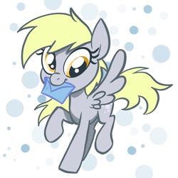 Size: 2048x2048 | Tagged: safe, artist:pfeffaroo, derpibooru import, derpy hooves, pegasus, pony, g4, abstract background, female, full body, high res, hooves, letter, mare, mouth hold, raised hoof, raised leg, solo, spread wings, wings