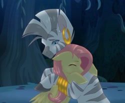 Size: 1650x1357 | Tagged: safe, artist:kaeweor, derpibooru import, fluttershy, zecora, pegasus, pony, zebra, g4, duo, duo female, eyes closed, female, height difference, hug, lesbian, mare, shipping, shycora