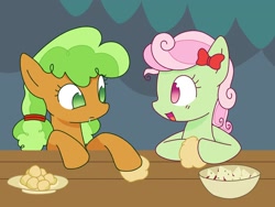 Size: 2048x1536 | Tagged: safe, artist:backgroundmares, derpibooru import, apple brown betty, florina tart, earth pony, pony, g4, apple family member, bow, bowl, drool, duo, duo female, female, food, mare, open mouth, open smile, plate, smiling, table