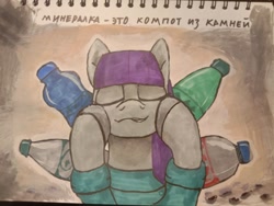 Size: 1280x960 | Tagged: safe, artist:tiska, derpibooru import, maud pie, earth pony, pony, g4, bottle, cyrillic, mineral water, photo, russian, solo, traditional art, translated in the description