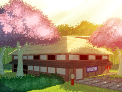 Size: 800x600 | Tagged: safe, artist:rangelost, derpibooru import, building, cherry blossoms, cherry tree, crepuscular rays, cyoa, cyoa:d20 pony, digital art, inn, no pony, outdoors, pixel art, story included, tree