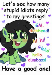 Size: 600x867 | Tagged: safe, artist:talim_stuff, derpibooru import, oc, oc only, oc:anon filly, earth pony, pony, blushing, female, filly, foal, looking up, open mouth, open smile, simple background, sitting, smiling, solo, text, vulgar, white background