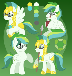 Size: 1959x2083 | Tagged: safe, artist:wildrose_, derpibooru import, oc, oc only, oc:shell watch, pegasus, armor, chocolate, cutie mark, flying, food, glasses, gradient background, green background, green eyes, hot chocolate, male, reference sheet, royal guard, short mane, simple background, smiling, solo, spear, stallion, weapon