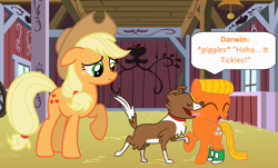 Size: 3256x1966 | Tagged: safe, artist:memeartboi, derpibooru import, applejack, winona, dog, earth pony, pony, collaboration, g4, applejack's barn, applejack's hat, barn, clothes, colt, cowboy hat, crossover, cute, darwin watterson, duo, duo male and female, element of honesty, eyes closed, female, foal, giggling, happy, hat, indoors, licking, male, mare, open mouth, pet, ponified, smiling, socks, species swap, speech bubble, standing, text, the amazing world of gumball, tickling, tongue, tongue out