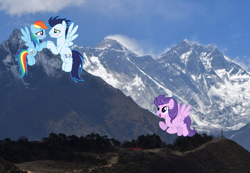 Size: 1558x1080 | Tagged: editor needed, safe, artist:firlin123, artist:soarindasher10, derpibooru import, edit, clear skies, rainbow dash, soarin', pegasus, pony, g4, africa's highest mountain, blushing, cloud, female, flying, grin, hill, irl, male, mare, mountain, open mouth, open smile, outdoors, photo, ponies in real life, shipping, sky, smiling, soarindash, spread wings, stallion, straight, wings