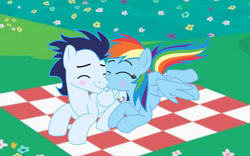 Size: 1280x798 | Tagged: safe, artist:soarindasher10, derpibooru import, rainbow dash, soarin', pegasus, pony, g4, duo, duo male and female, female, kiss on the cheek, kissing, male, mare, outdoors, picnic blanket, screencap background, shipping, soarindash, stallion, straight