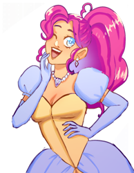 Size: 1280x1651 | Tagged: safe, artist:kitamondrawsstuff, derpibooru import, pinkie pie, human, equestria girls, g4, alternate hairstyle, cinderella, clothes, cute, diapinkes, dress, ear piercing, earring, evening gloves, gloves, gown, jetlag productions, jewelry, long gloves, necklace, one eye closed, open mouth, open smile, pearl necklace, piercing, poofy shoulders, smiling, solo, wink