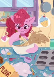 Size: 1985x2817 | Tagged: safe, artist:sailorbiscuit, derpibooru import, pinkie pie, earth pony, pony, g4, baking, bowl, cupcake, egg, female, flour, food, indoors, mare, mixing bowl, pie, solo, speech bubble, whisk