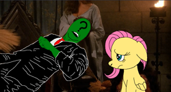 Size: 1169x630 | Tagged: safe, anonymous artist, derpibooru import, edit, edited screencap, screencap, fluttershy, oc, oc:anon, human, pegasus, pony, g4, army of darkness, folded wings, frown, human and pony, human male, male, movie reference, parody, screenshots, wings