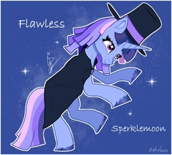 Size: 1162x1047 | Tagged: safe, artist:staciebrightnes, derpibooru import, oc, oc only, oc:flawless sparklemoon, pony, unicorn, cape, clothes, fusion, fusion:trixie, fusion:twilight sparkle, fusion:twixie, hat, horn, passepartout, solo, top hat, unshorn fetlocks