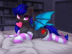 Size: 2000x1500 | Tagged: safe, artist:taiweiart, derpibooru import, oc, oc only, oc:ebony rose, bat pony, bat pony oc, bed, blushing, book, bookshelf, chest fluff, clothes, commission, ear tufts, fangs, heart, heart eyes, indoors, lying down, mouth hold, pillow, prone, sheet, socks, solo, spread wings, striped socks, wingding eyes, wings, ych result