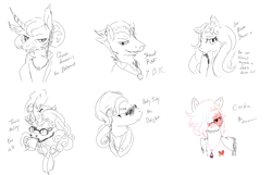 Size: 3100x2000 | Tagged: safe, artist:squeezymouse, derpibooru import, hoity toity, street rat, oc, oc:cardia, oc:moon flower, oc:queen lunaris, alicorn, bat pony, bat pony alicorn, earth pony, hybrid, kirin, pegasus, pony, g4, alicorn oc, alternate universe, ambiguous gender, bat wings, birthmark, bust, chained, chains, clothes, coffee cup, coffee mug, collared shirt, colored hooves, colored lineart, cup, earth pony oc, female, flower, gift art, glasses, gym class heroes, hooves, horn, jewelry, licking, licking lips, male, mare, monochrome, mug, multicolored hair, necklace, no catchlights, pegasus oc, ponified, ponytail, prisoners of the moon, profile, requested art, scarf, shirt, simple background, sketch, sketch dump, species swap, stallion, sunglasses, swirly eyes, tongue, tongue out, travis mccoy, unshorn fetlocks, white background, wings