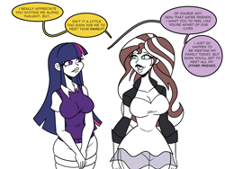 Size: 1800x1350 | Tagged: safe, artist:chillguydraws, artist:thicc-verse, derpibooru import, sunset shimmer, twilight sparkle, human, g4, big breasts, breasts, cleavage, clothes, dialogue, duo, duo female, female, headlight sparkle, humanized, partial color, simple background, speech bubble, sunset jiggler, white background