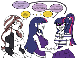 Size: 1800x1350 | Tagged: safe, artist:chillguydraws, artist:thicc-verse, derpibooru import, sci-twi, sunset shimmer, twilight sparkle, human, g4, big breasts, breasts, busty sci-twi, cleavage, clothes, confused, dialogue, female, headlight sparkle, holding hands, humanized, partial color, simple background, speech bubble, sunset jiggler, thought bubble, trio, trio female, twolight, white background