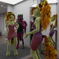 Size: 2160x2160 | Tagged: safe, artist:stellarator, derpibooru import, adagio dazzle, oc, oc:ruby cabernet, anthro, unguligrade anthro, comic:we will be adored, comic:we will be adored part 63, g4, 3d, blender, blender cycles, breasts, changing room, clothes, comic, dress, drink, duo, duo female, female, indoors, mirror, not sfm