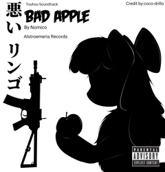 Size: 1194x1242 | Tagged: safe, artist:coco-drillo, artist:edy_january, derpibooru import, editor:edy_january, apple bloom, earth pony, pony, g4, album, album cover, alstroemeria records, apple, assault rifle, bad apple (animation), bad apple (song), black and white, food, grayscale, gun, japan, kac pdw, monochrome, nomico, rifle, solo, touhou, weapon, youtube, youtube link