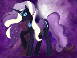 Size: 1024x768 | Tagged: safe, artist:asinglepetal, derpibooru import, nightmare rarity, rarity, pony, unicorn, g4, amethyst background, crown, crystal background, darkened coat, deviantart watermark, diamond pupils, eyeshadow, female, horn, ipad, jewelry, makeup, nightmarified, obtrusive watermark, peytral, procreate, procreate app, raised leg, regalia, slit eyes, solo, starry hair, tiara, tumblr:a rarity of a nightmare, tumblr:ask nightmare rarity, watermark, white stripes