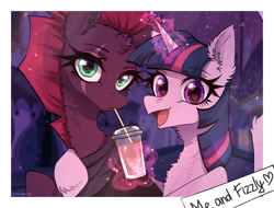 Size: 2483x1888 | Tagged: safe, artist:avrameow, derpibooru import, fizzlepop berrytwist, tempest shadow, twilight sparkle, twilight sparkle (alicorn), alicorn, pony, unicorn, g4, broken horn, drink, drinking straw, horn, indoors, looking at you, open mouth, passepartout, photo, scar