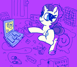 Size: 1616x1400 | Tagged: safe, artist:pylony, derpibooru import, rarity, mouse, g4, alcohol, alternate hairstyle, body pillow, carpet, chinese food, chips, chopsticks, computer, door, fan, floppy disk, food, hair bun, headphones, laptop computer, mattress, mug, neet, pixel-crisp art, smiling, solo, tired, wine