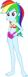 Size: 619x1696 | Tagged: safe, artist:dustinwatsongkx, derpibooru import, edit, rainbow dash, human, g4, attached skirt, bandeau, bare arms, bare legs, bare shoulders, barefoot, belly, belly button, bikini, clothes, clothes swap, feet, female, grin, hand on hip, human female, pinkie pie swimsuit, simple background, skirt, sleeveless, slender, smiling, solo, strapless, strapless bikini, swimsuit, swimsuit swap, thin, transparent background