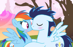 Size: 749x479 | Tagged: safe, artist:soarindasher10, derpibooru import, rainbow dash, soarin', pegasus, pony, g4, female, kiss on the lips, kissing, male, mare, shipping, soarindash, stallion, straight, surprise kiss