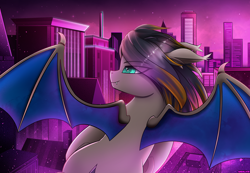 Size: 2820x1948 | Tagged: safe, artist:andaluce, derpibooru import, oc, oc:black night, bat pony, pony, aesthetics, building, city, ear fluff, ears, eyebrows, eyebrows visible through hair, flying, male, night, rooftop, skyscraper, smiling, solo, spread wings, stallion, vaporwave, wings