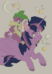 Size: 2480x3508 | Tagged: safe, artist:creaturedeer, derpibooru import, spike, twilight sparkle, twilight sparkle (alicorn), alicorn, dragon, g4, cloven hooves, duo, female, male, mare, riding, spike riding twilight, unshorn fetlocks, zine:a spark for us