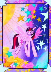 Size: 1412x1996 | Tagged: safe, artist:clowncarzgobeep, derpibooru import, twilight sparkle, twilight sparkle (alicorn), alicorn, pony, g4, curved horn, eyes closed, female, horn, mare, moon, solo, spread wings, stars, sun, wings, zine:a spark for us