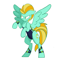 Size: 1911x1911 | Tagged: safe, artist:pfeffaroo, derpibooru import, lightning dust, pegasus, pony, g4, bipedal, clothes, ears, female, floppy ears, frown, hoofband, leotard, looking away, looking sideways, mare, rearing, simple background, solo, spread wings, three quarter view, white background, wings, wristband