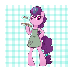 Size: 2412x2412 | Tagged: safe, artist:pfeffaroo, derpibooru import, sugar belle, pony, semi-anthro, unicorn, g4, abstract background, apron, arm hooves, bipedal, clothes, cookie, female, food, glowing, glowing horn, high res, horn, levitation, magic, magic aura, mare, solo, telekinesis