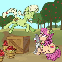 Size: 2048x2048 | Tagged: safe, artist:pfeffaroo, derpibooru import, apple rose, granny smith, dog, earth pony, pony, g4, apple, apple tree, basket, bolo tie, bow, braid, bushel basket, crate, cute, duo, eyes closed, female, food, hair bow, happy, high res, jumping, looking at someone, looking up, lying down, mare, midair, open mouth, outdoors, prone, sitting, smiling, sweet apple acres, tail, tail bow, tree, young apple rose, young granny smith, younger