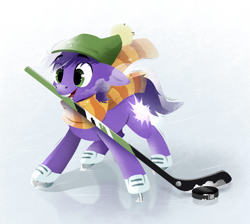 Size: 1291x1159 | Tagged: safe, artist:28gooddays, derpibooru import, oc, oc only, oc:proudy hooves, earth pony, pony, beanie, clothes, cute, earth pony oc, green eyes, hat, hockey, hockey puck, hockey stick, ice, ice skates, male, mouth hold, scarf, skates, smiling, solo, sports, stallion, tail, two toned mane, two toned tail, younger