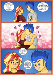 Size: 2480x3508 | Tagged: safe, artist:tf-plaza, derpibooru import, flash sentry, sunset shimmer, human, equestria girls, g4, blushing, comic, dialogue, duo, female, flashimmer, heart, high res, kiss on the lips, kissing, male, post-transformation, shipping, speech bubble, straight, transformation