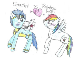 Size: 749x582 | Tagged: safe, artist:swiftytehkat, derpibooru import, rainbow dash, soarin', pegasus, pony, g4, clothes, duo, duo male and female, female, male, mare, shipping, simple background, soarindash, stallion, straight, traditional art, uniform, white background, wonderbolts uniform